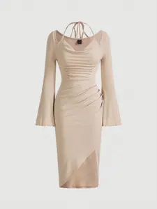 Women’s apricot knit dress with cable pattern, cowl neckline, tie detail, flared sleeves, gathered ruching, slit, slim fit, bodycon midi length