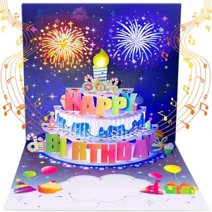 Blowable Birthday Cards 3D Pop Up Fireworks Cake Light and Music Happy Birthday Card Gifts for Women Men Mom Kids