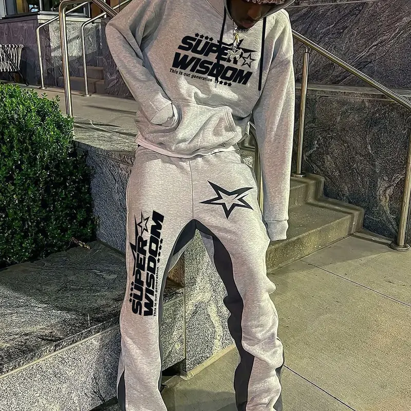 Two-Piece Set Men's Star Print Drop Shoulder Long Sleeve Hoodie & Drawstring Waist Flare Leg Sweatpants Set, Sweatsuit Lounge Sets, Regular Fit Casual Fashion Cozy Outfits for Daily Wear, Men's Fall & Winter Clothes