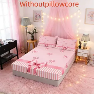 3-piece pink bow pattern printed fitted sheet set, including 1 fitted sheet and 2 pillowcases. Soft and comfortable, available in multiple sizes. Ideal gift for friends on special occasions. Suitable for bedrooms, guest rooms, dormitories, and hotels.