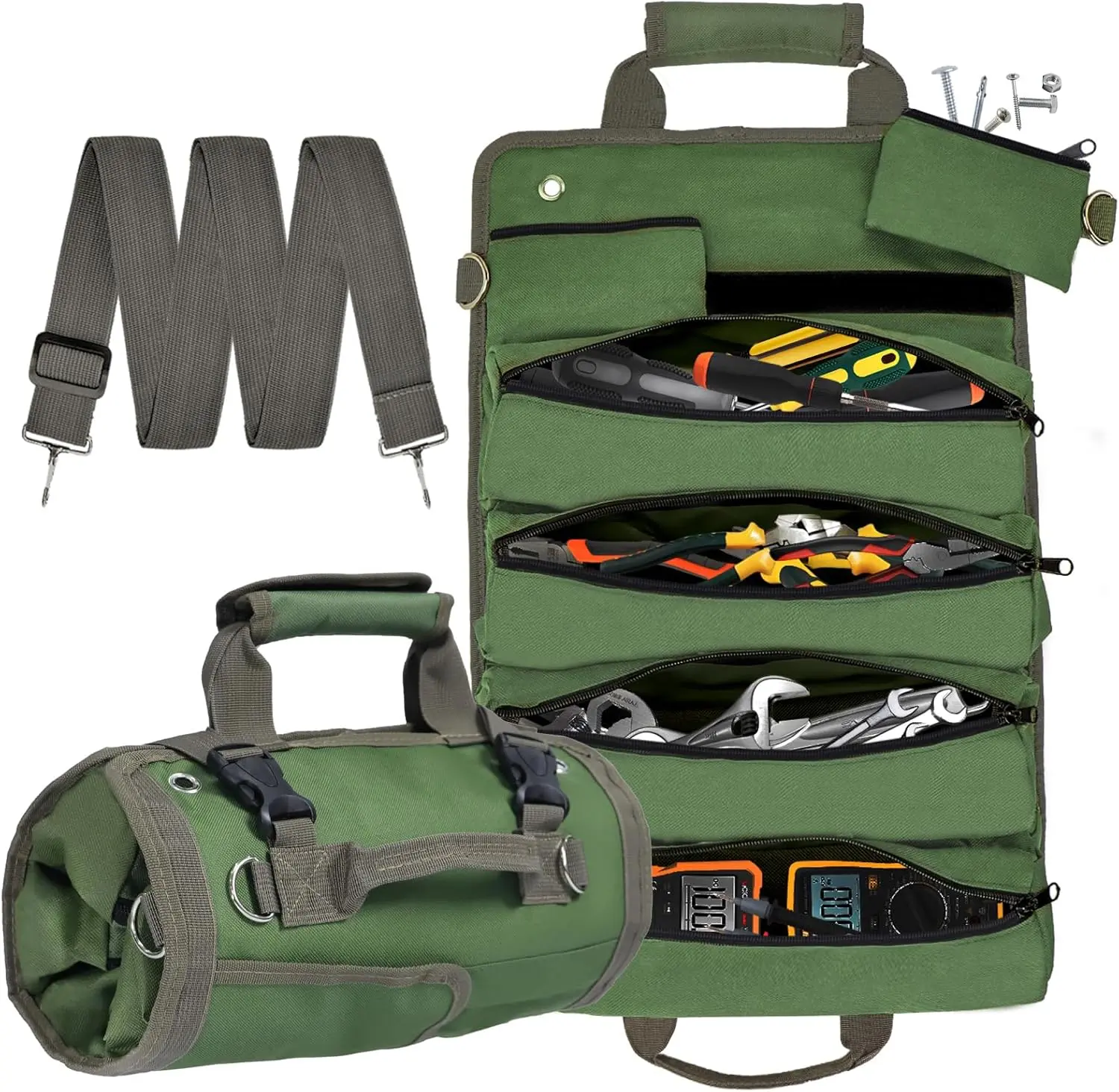 GJANSH Roll Up Tool Bag, Heavy Duty Tool Roll Bag Tool Organizer Bag Portable Foldable Rollup Organizer with 2 Small Pouches Rollable Carrying Toolbag, Dad Men Mechanic Chirstmas Gifts, TikTokShopBlackFriday