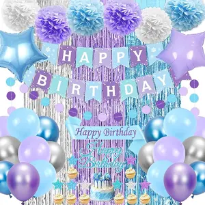 Blue and Purple Birthday Decorations, 50PCS Winter Birthday Party Decorations with Blue Purple Silver Balloons Banner Sash Fringe Curtain, Winter Wonderland Decorations Party Supplies for Women Girls
