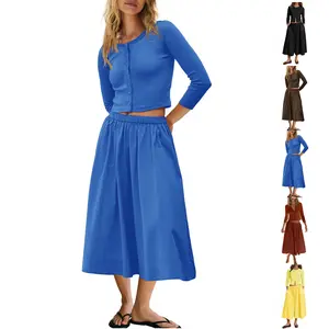 JovenPara Women's 2-Piece Basic Lady Lounge Set, Ribbed Button-Down Cardigan & Elastic Waist Round Neck Clothes Set, Ideal Gift