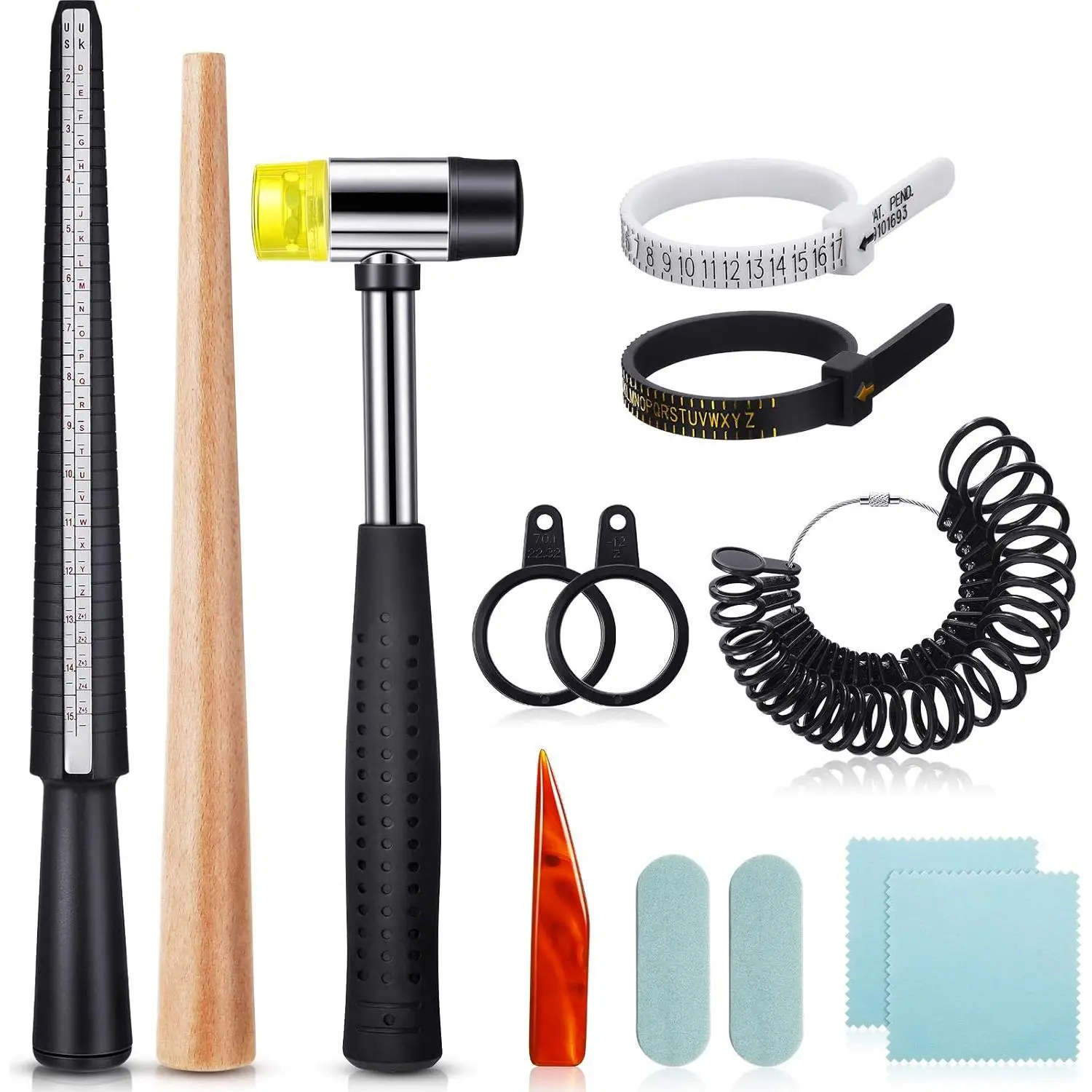 11pcs US UK Ring Mandrel Set, with Half Size Ring Sizer Gauge Ring Mandrel Jewelry Hammer Ring Sizer Adjuster Polishing Cloth Polishing Stick Polished Agate Knife Measuring Tool (Size 1-13 )