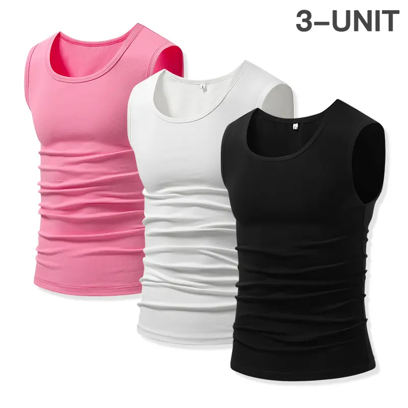 Men’s cotton stretchy slim-fit sleeveless base layer tank top, soft breathable knit fabric, crew neck, tight body-hugging fit that flatters the figure, suitable for workouts, going out, and home wear.
