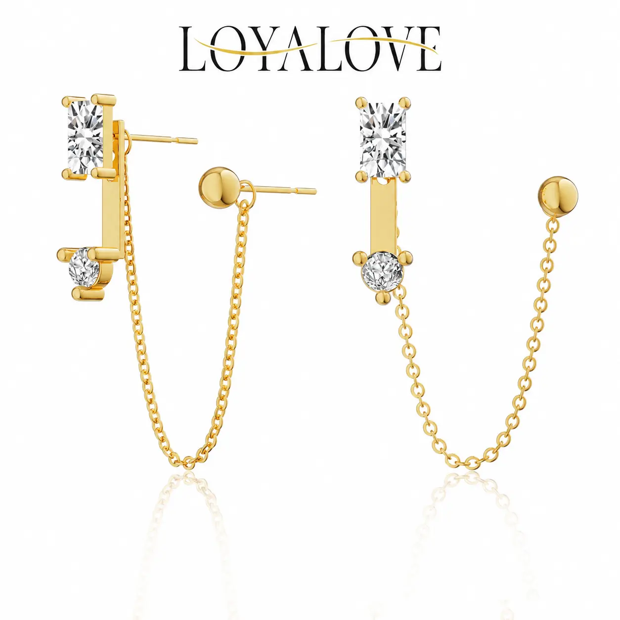 LOYALOVE 14K Gold Plated Double Piercing Chain Earrings for Women, Baguette CZ Linked Stud Earrings, Hypoallergenic Dainty Minimalist Jewelry Gift