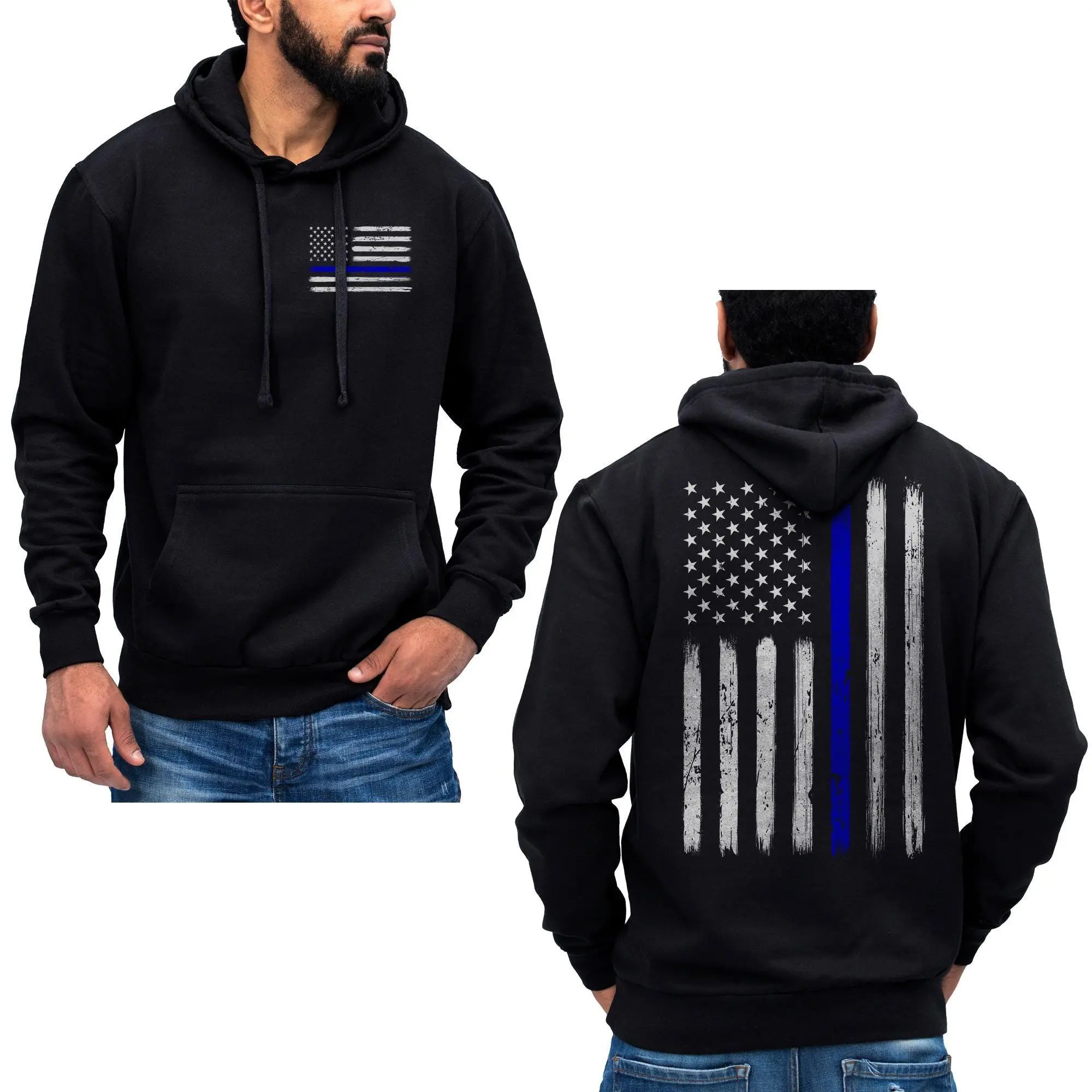 Thin Blue Line Vertical Brushed Flag Police Hoodie Sweatshirt Cotton Fabric Pocket Print