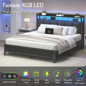 Twin/ Full/ Queen/ King Bed Frame With Storage Headboard, LED Bed Frame With Charging Station, Upholstered Platform Bed Frame With Heavy Duty Metal Slats, No Box Spring Needed, Easy Assembly, Black/ White/ Beige