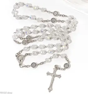 Crystal Cross Pendant Necklace Clear Beaded Rosary Chain for Women Gothic Streetwear Style 68cm Chain 4.3cm Pendant Size Edgy Charm outdoorfun