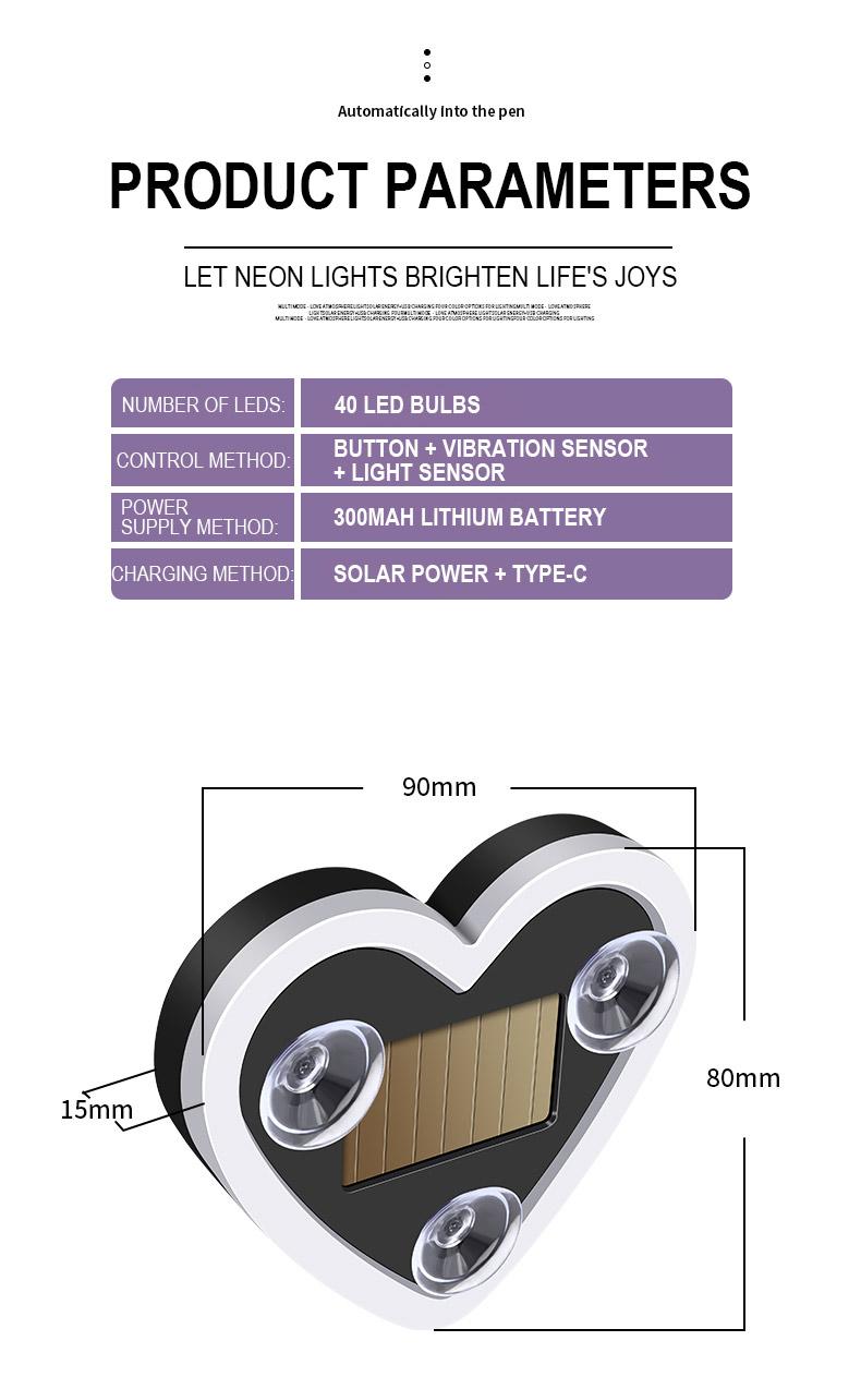 DIYCOM Solar-Powered Heart Neon Light, Multi-Mode Cars Accessory for Car Decorating, Cars Accessories campingessentials travelessentials
