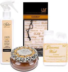 Cowboy - 4 Ounce Laundry Detergent - 8 Ounce Room Spray - 3 Ounce Jar Candle - Autoglam Air Freshener Gift Suite; Set of 4