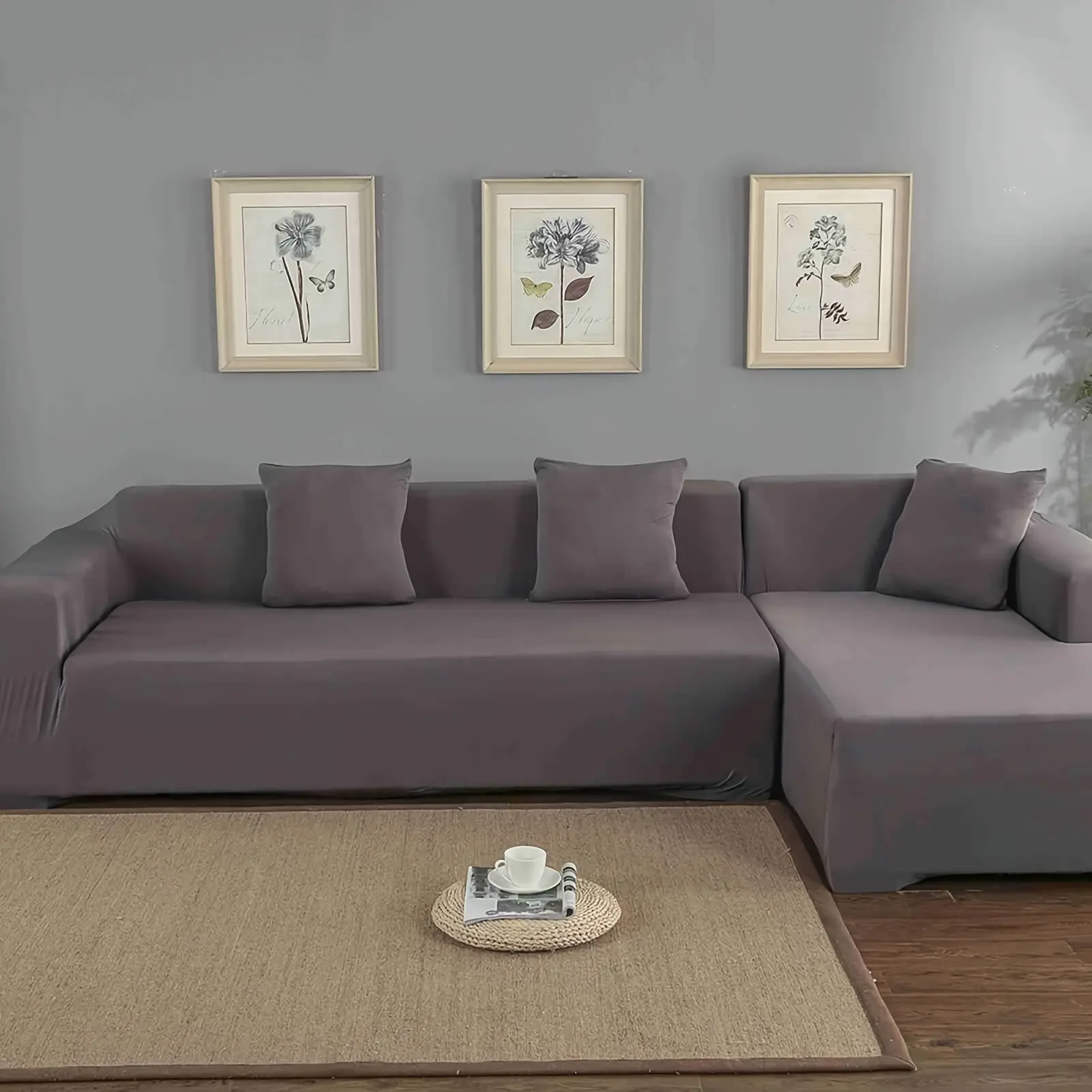Classic Flat Weave Stretchable Polyester Non-Customised 3+2 Seat L-Shape Corner Sofa Cover Set, Dark Grey Durable Breathable All-Seasons Dustproof Scratch-Resistant Slipcover for Sectional & Chaise, Pet-Friendly, Machine Washable, Stretch Chair Slipcover