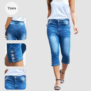 Yzara Women Capri Jeans for Summer High Waisted Skinny Stretchy Cropped Jogging Pants with Pockets Decorative Button Detail Belt Bottom Fit Casual Womenswear Basic Fabric Breathable Denim Mothersdaygift