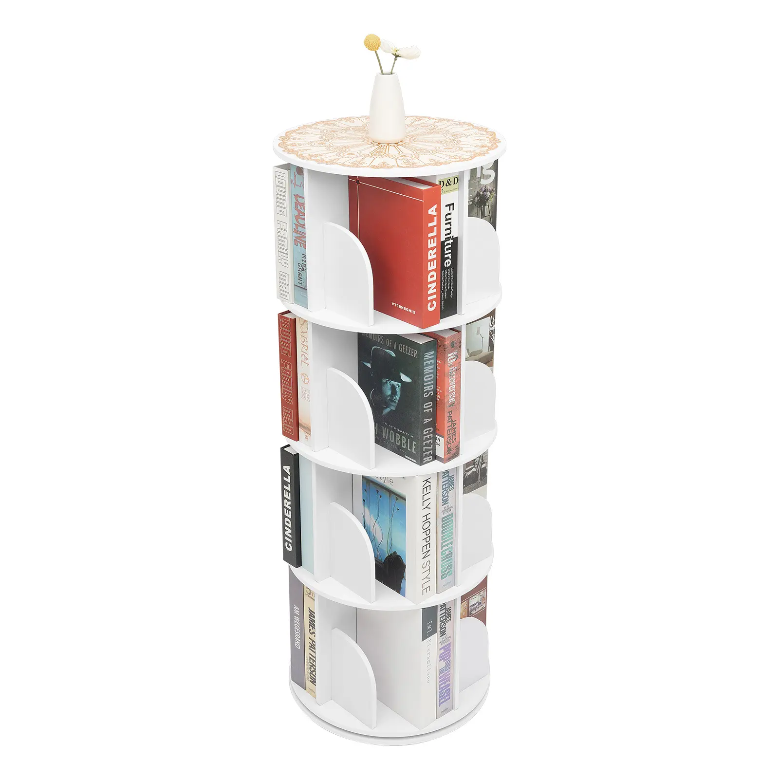4 Tier Rotating Bookshelf 360 Degree Spinning Display Stand 16 Compartment Storage Organizer for Books Toys Plants Home Office Modern White PVC Alloy Construction 132lbs Capacity