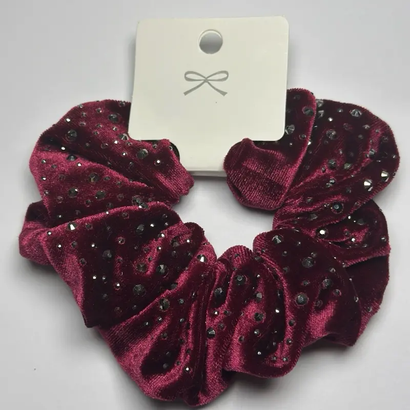 R&L Scrunchies for Women - Wine Red Velvet Hair Tie with Glittery Finish, High Quality and Stylish Design