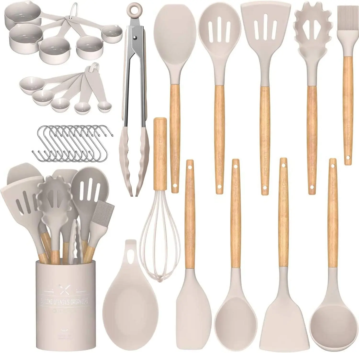 33PCS Silicone Kitchen Utensils Set, Non-Stick Cooking Spatula with Holder Black Wooden Handle Kitchen Gadgets