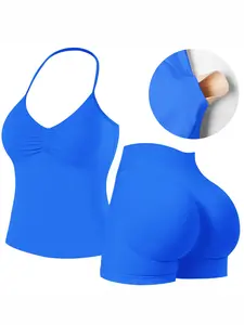 Deep V Halter Tank Top+ Scrunch Shorts Workout Sets for Women 2 Piece, Breathable Comfortable Seamless Sports Set for Yoga Gym Workout Running, Ladies Summer Sportswear Workout Running Outfits Sporty Set