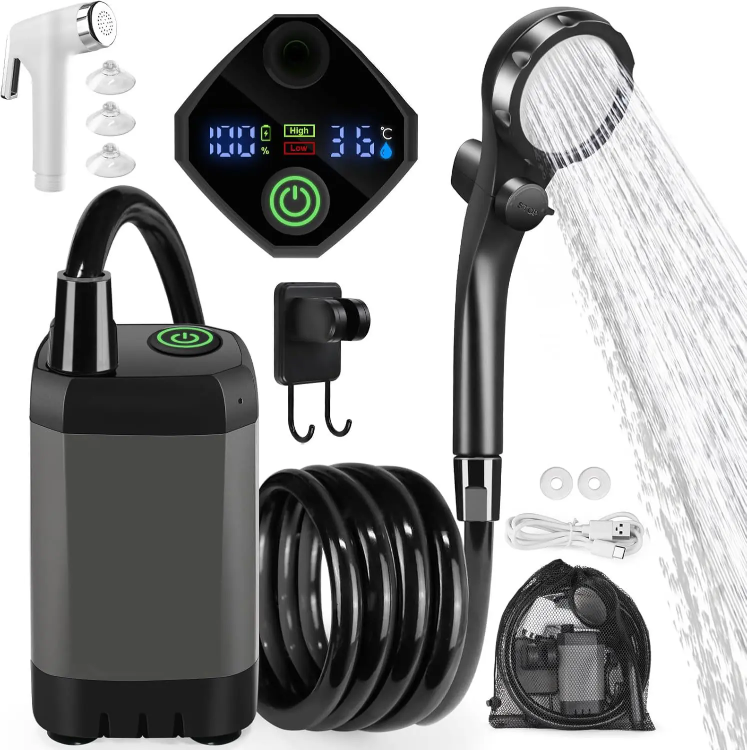 Portable Camping Shower, 6000mAh Rechargeable Electric Shower Pump with USB Charging Cable, Outdoor Shower Head for Camping, Hiking, Pet Bathing & Outdoor Washing