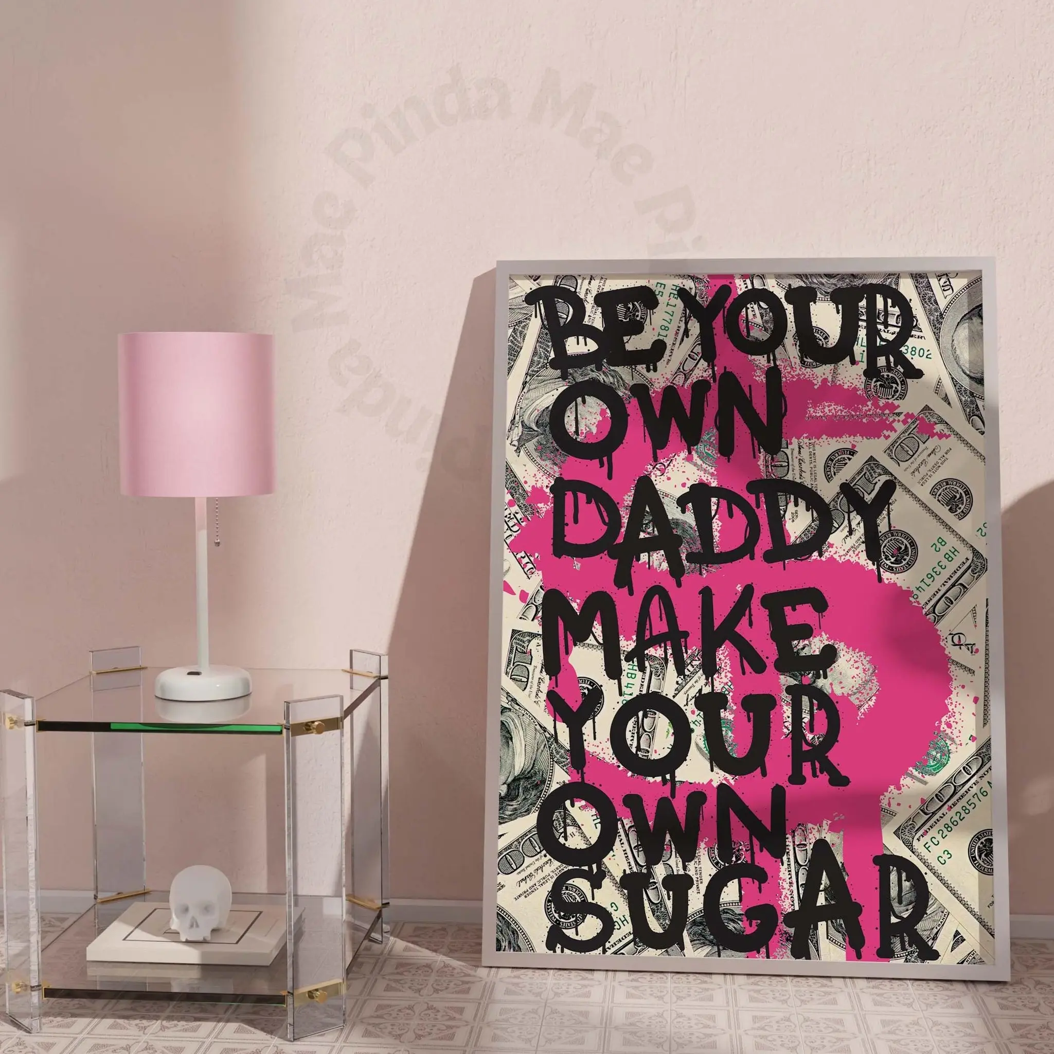 Preppy Graffiti Wall Art, Trendy Apartment Decor, Aesthetic Dorm Decor, Preppy Money Motivational Poster, Pink Funky Wall Art, Funny Dollar Poster (UNFRAMED)