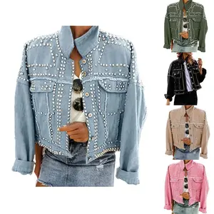 Women's Long Sleeve Rivet Studded Denim Jacket Casual Washed Pearl Short Jean Coat Outerwear Button
