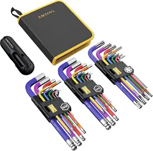 AMTOVL 27PCS Allen Key Set, Metric & SAE Allen Wrench Set, Extra Long Ball & Star End Hex Keys with T-Handle & Color Coding for Bicycle, Household DIY