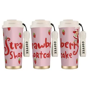 1pc 18OZ Cute Berry Girl Coffee Mug, Pink Strawberry Theme Cartoon, Portable Dual Drink Thermos Cup, Stainless Steel Hot And Cold Beverage Cup, Suitable for Office, Travel, Shopping, Children's Day and Friends Gifts beverage coffee bottle drinkware,summer