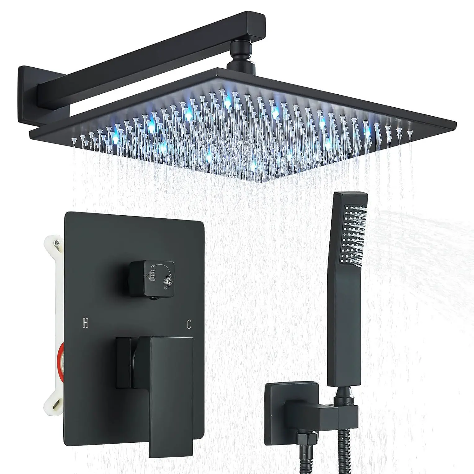 Shower Faucet Set Matte Black Rain Shower System with 12 Inch LED Square Rainfall Shower Head and and Handheld Spray Luxury Bathroom Shower Faucet Sets Complete Combo Set Wall Mounted