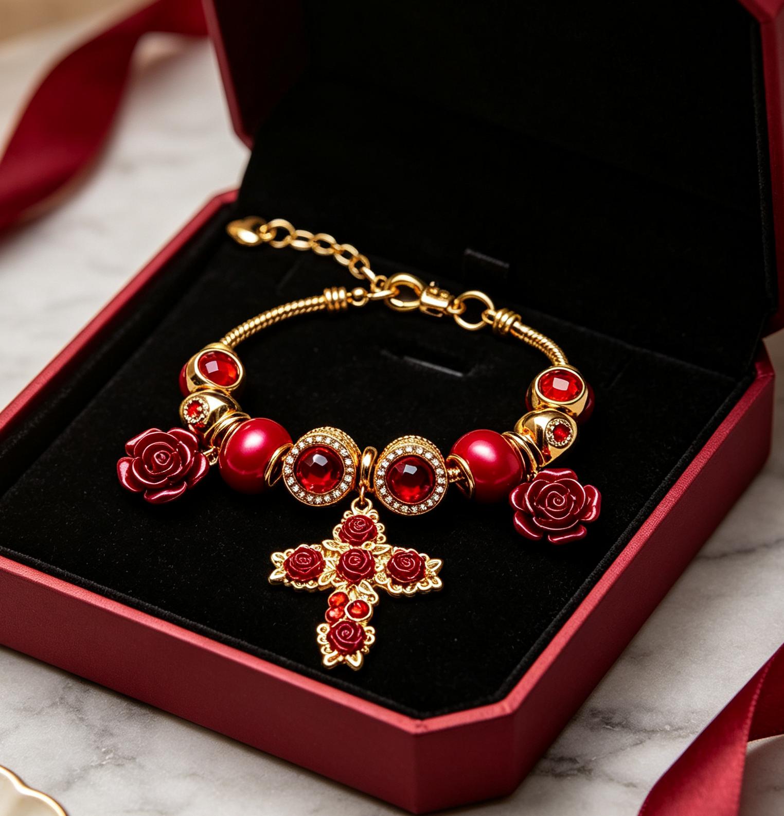 Red Rose Cross Golden Charm Bracelet, Red Crystal Beaded Adjustable Snake Chain Bracelet Red Rose Cross Golden Charm Bracelet, Red Crystal Beaded Adjustable Snake Chain Bracelet