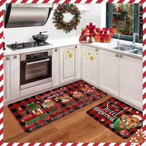 2/3pcs Christmas kitchen carpet floor mat, flannel retro Christmas gingerbread person red train pattern anti slip kitchen floor mat, Farmhouse Kitchen Rugs, suitable for kitchen, entrance door, laundry room, bathroom, living room, Christmas floor mat