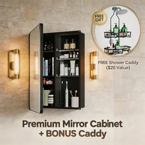 BUY 1 GET 1 FREE Sleek Aluminium Medicine Cabinet Home Organizer Set (24x32in) - Wall Hanging, Adjustable Shelves, Center Divider for Tall Bottles, Shower Caddy, 17.64 lbs/20 - 25 Kg Per Shelf, Space-Saving Storage for Wooden/Concrete Walls