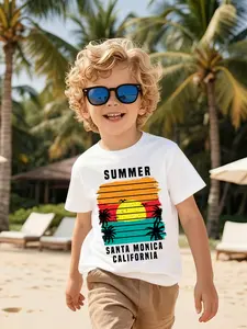 Boys' Summer Beach Style T-Shirt, Vintage Sunset Print Short Sleeve, Perfect for Family Island Trips, Outdoor Play, Sweet and Adorable