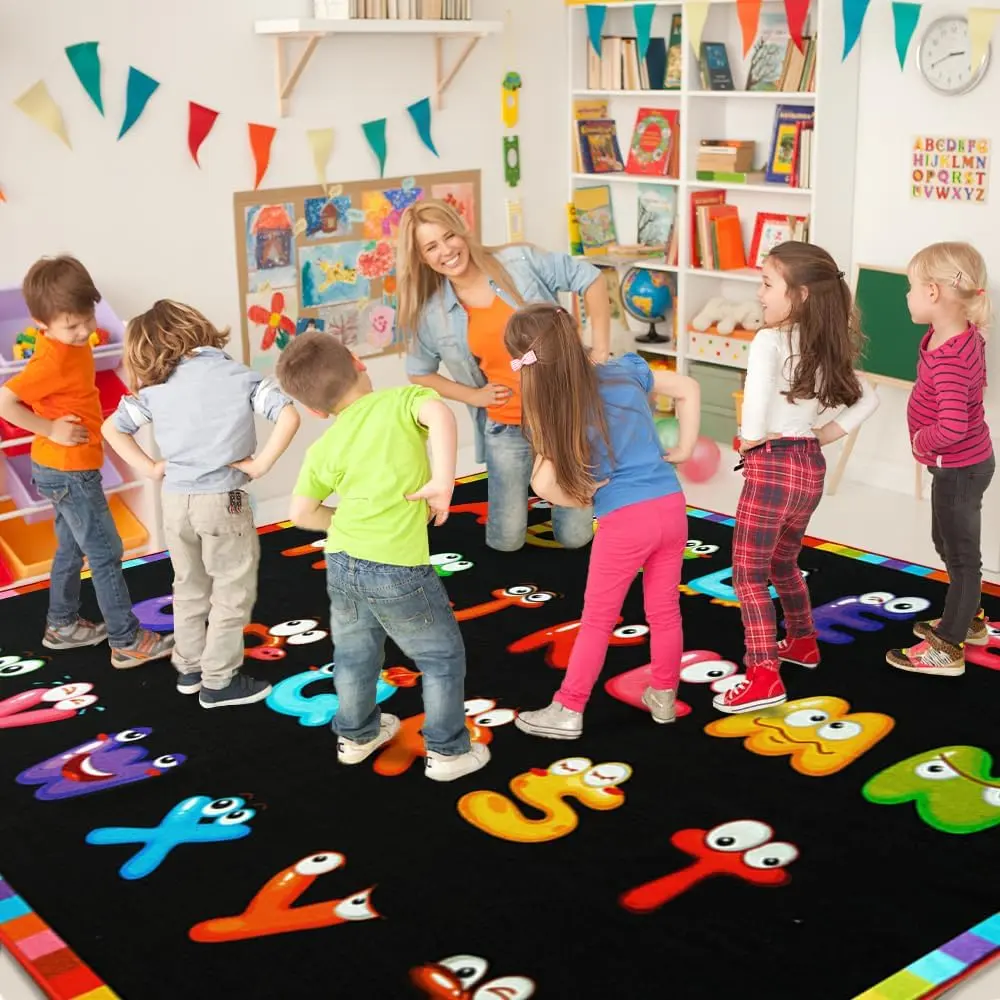 ABC Black Classroom Rug, Daycare Rugs for Classroom, Large Classroom Rugs Elementary, Preschool Rugs for Children, Kindergarten Educational Rug for Classroom