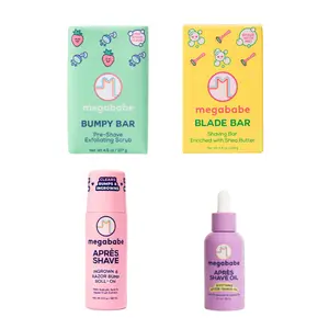 Megababe Shave the Day Kit | 4-Piece Shave Set for Smooth, Bump-Free Skin | Includes Bumpy Bar, Blade Bar, Après Shave, Après Shave Oil | Great for Sensitive Skin | TSA-Friendly Sizes