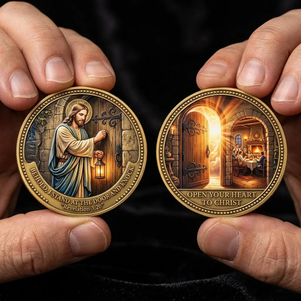 Revelation 3:20 Double-Sided Metal Coin - Jesus Knocking Door Challenge Token, Christian Souvenir Gift for Home Decor