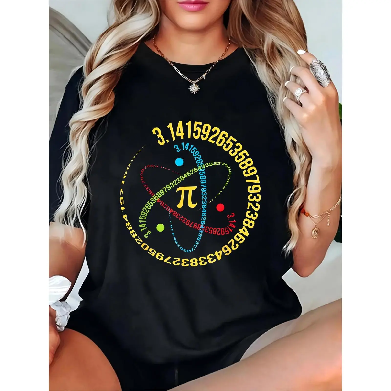 Women's Black T-Shirt with Colorful Pi Symbol & Pi Digits Infinity Graphic, Perfect for Pi Day, Math Enthusiasts, Teachers, Students, Casual Daily & Party Outfits