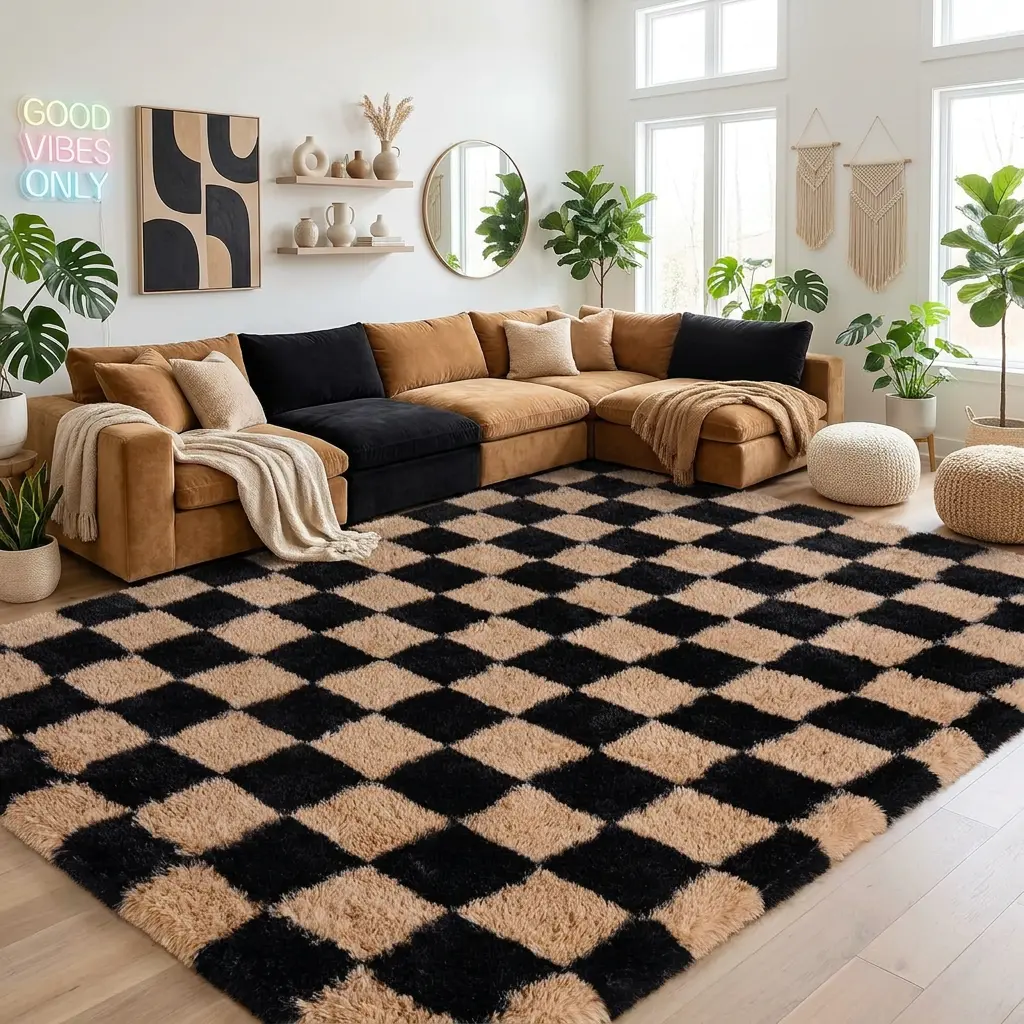 LUOGORT Black Camel Checkered Shag Soft Fluffy Area Rugs for Living Room Bedroom, Vintage Holiday Carpet Non Slip Backing for Hallway Apartment Dining Room Dorm Warm Cozy Home Decor Multiple Sizes Colors