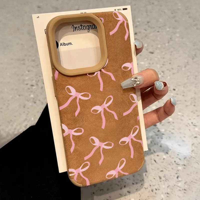 Pattern Luxury Matte Lambskin Faux Leather Phone Case for iPhone 15 Plus 16 Pro Max 14 13 12 11 XS XR Ribbon Bow Anti-Scratch Shockproof Soft Silicone Protective Cover