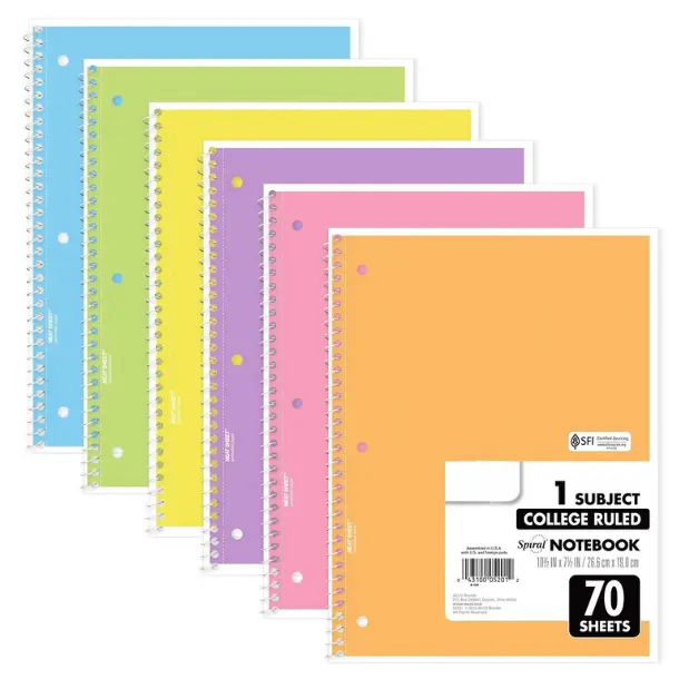 Spiral Notebook, 6 Pack, 1 Subject, College Ruled Paper, 7-1/2" x 10-1/2", 70 Sheets per Notebook, Assorted Pastel Colors (830049)