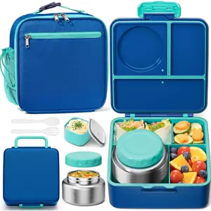 Bento Lunch Box with Thermos, Leakproof  Bento Box with 8.5 OZ Insulated  Jar, Lunch Bag & Utensils  Dishwasher Safe 3 or 4 Compartment Container for School Girls Boys