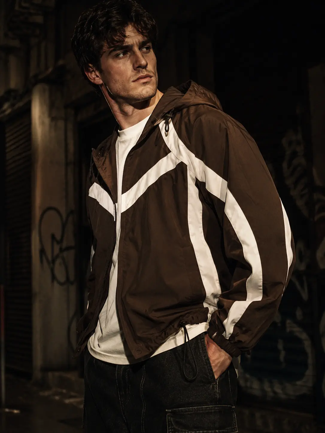 Marlon-Inspired Lightweight Jacket, Brown & White Reflective Stripe, Mens Streetwear Layering
