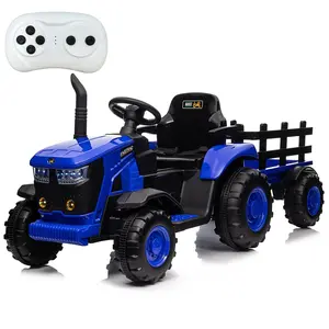 GARVEE 12V Electric Ride-On Tractor with Remote Control Dual 35W Motors Bluetooth Music USB Safety Belt 3-Gear Shift 7 LED Lights Detachable Trailer for Kids Outdoor Fun