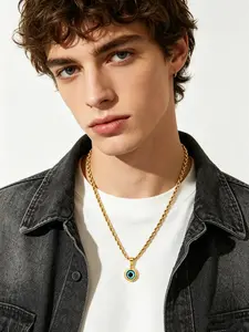 Classic Stainless Steel Rope Chain with Blue Demon Eye Pendant Necklace, Choker Necklace For Men And Women,Casual All-Season Cuban Link Necklace Jewelry