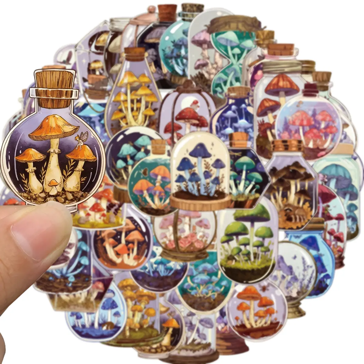 50pcs Bottle Mushroom Stickers,Vintage Mushroom Sticker Waterproof PET Art Craft Stickers for Scrapbook Journaling Photo Album Collage Card Nature Colorful Agaric Sticker for Teens and Adults, Stickers for Scrapbooking