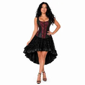 2-Pieces Women’s Gothic Steampunk Dress Set Vintage Lace Corset High Low Ruffle Skirt MUSIBEAUTY Victorian Renaissance Faire Outfit Dark Academia Alt Partywear 2928+7056-D2