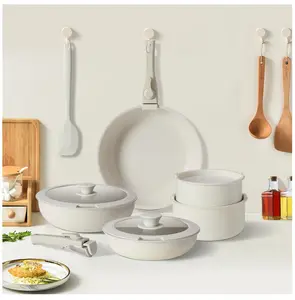 12-Piece Nonstick Pots and Pans Set, With Removable Handle, Induction Cookware, Beige Aluminium Detachable