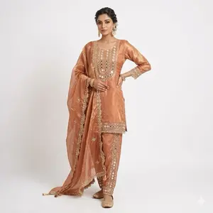 Anarkali Short Round Indian Women's Dress - Casual Womenswear with Embroidered Details and Matching Dupatta