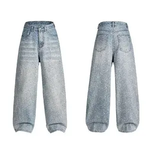 Women's Pants Versatile Loose Slimming Long Pants Retro Rhinestone Polka Dot Frayed Design High Waist Straight Leg Jeans Denim Womenswear Clothing Casual Bottom Trouser Streetwear Comfort Maternity Basic Minimalist Picture Color