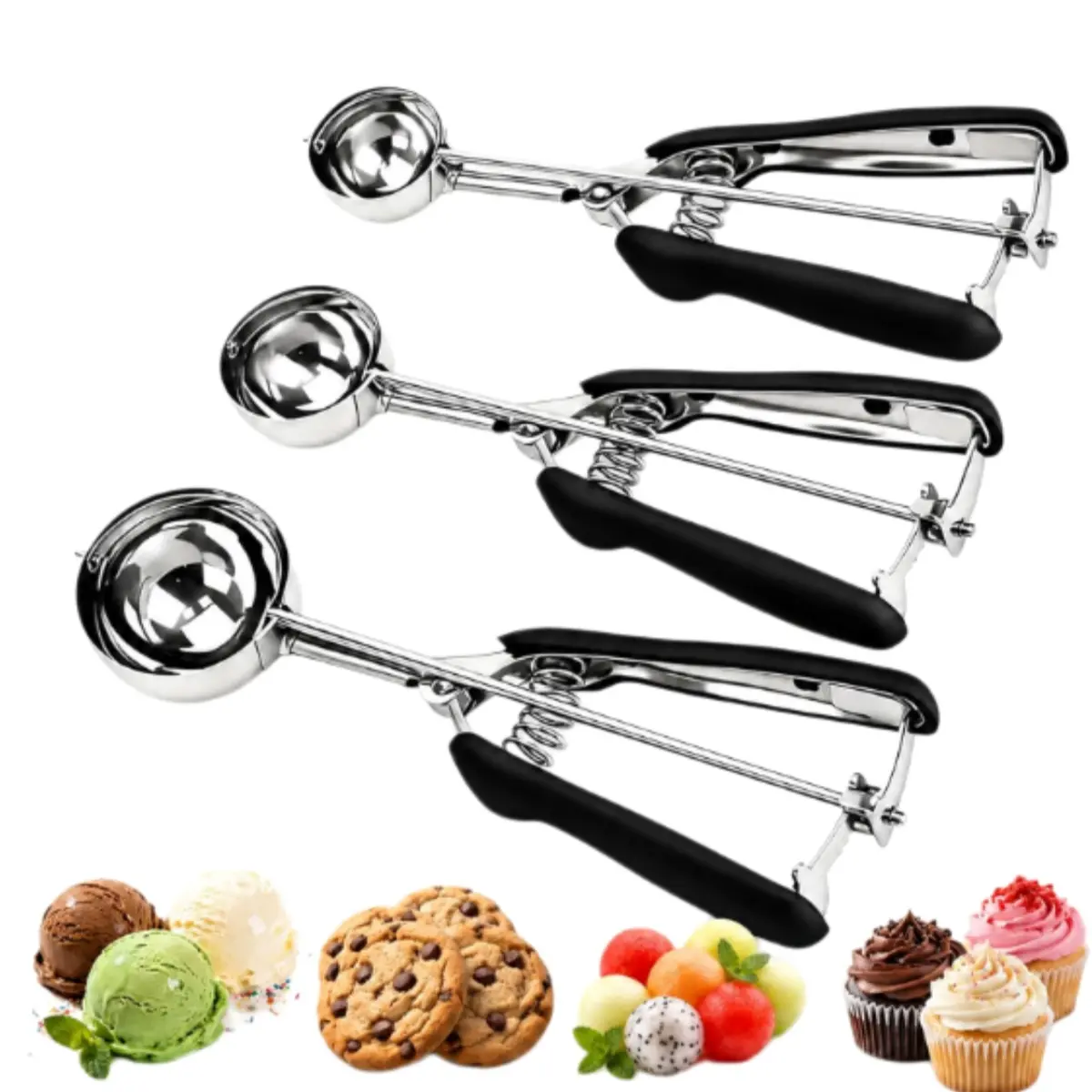 Cookie Scoop Set, Cookie Scoops for Baking Set of 3, Cookie Dough Scoop, Small/Large Ice Cream Scoop, 1/2/3 Tbsp Cookie Scoop with Trigger, Ice Cream Scooper, 18/8 Stainless Steel, Non-Slip