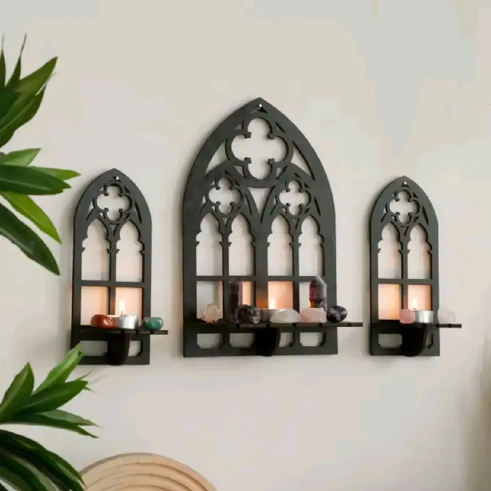 Gothic Style Wooden Wall-Mount Shelf, Dual-Use Hanging Organiser for Wall Storage & Floating Decor Display Bracket Solid Wood Mounted Shelves Set Multi-Tier