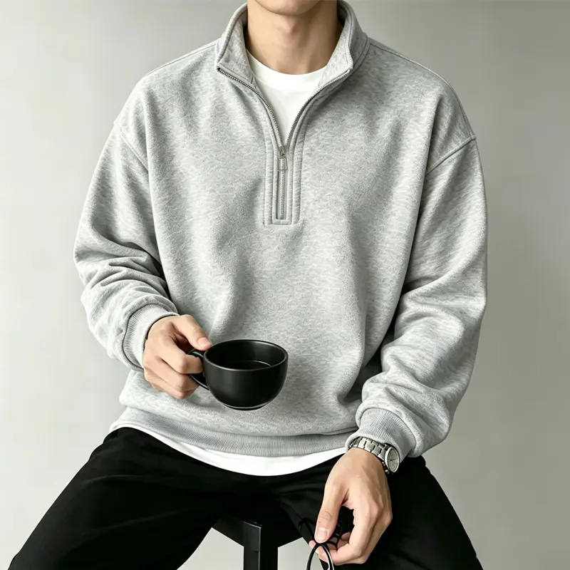Men’s stand collar half zip fleece sweatshirt, thick fleece lining quarter zip pullover, loose casual solid color sweatshirt, warm basic top suitable for everyday streetwear and outdoor wear in autumn and winter. fall clothes male clothing
